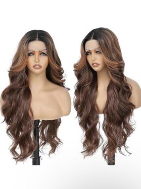 Long Wavy Brown Lace Front Wig with Subtle Honey Highlights